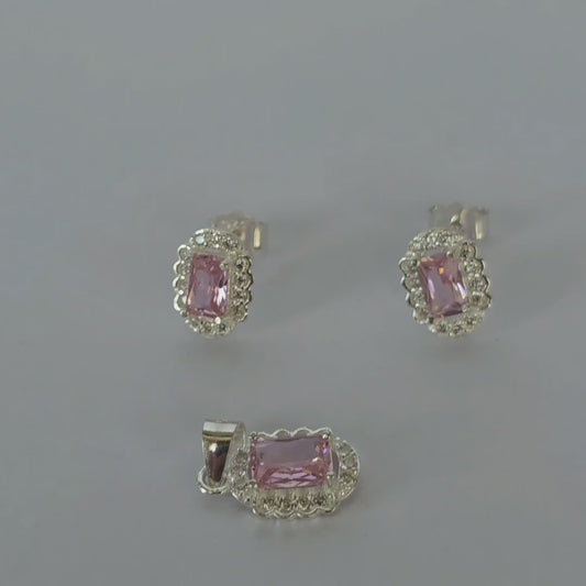 Conjunto Aros y Colgante Rectangular con Microcircones Rosados en Plata 925