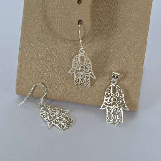 Conjunto Aros y Colgante Mano de Fátima Calada en Plata 925