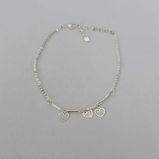 Tobillera Tres Corazones Calados en Plata 925