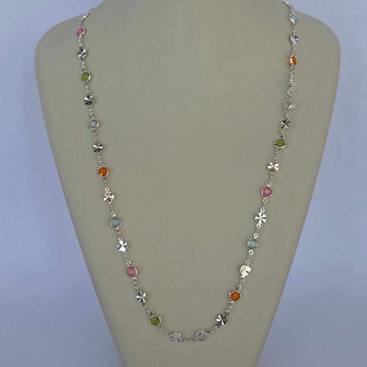 Comprar Collar de Flores con Microcircón Multicolor en Plata 925 - Joyería BomLeón Chile