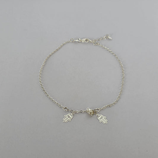 Tobillera Manos de Fátima Caladas con Delfín en Plata 925