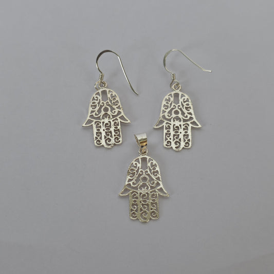 Conjunto Aros y Colgante Mano de Fátima Calada en Plata 925