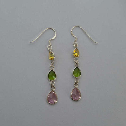 Aros Colgantes Tres Gotas de Microcircones Multicolor en Plata 925