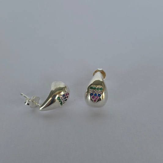 Aros Gota con Corazón de Microcircones Multicolor en Plata 925