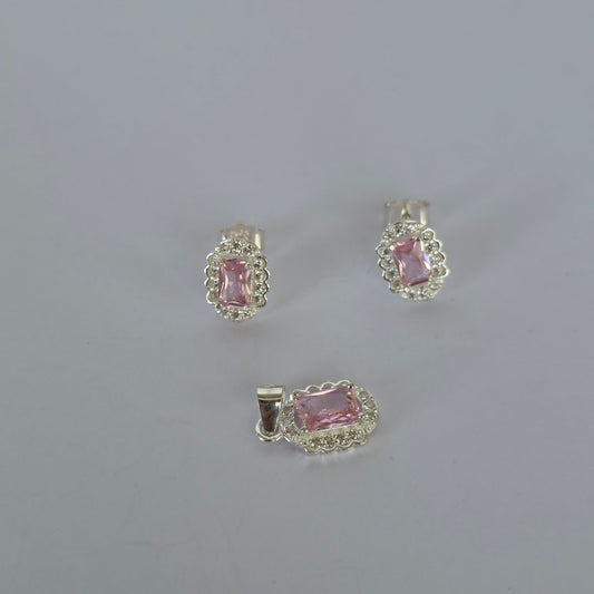 Conjunto Aros y Colgante Rectangular con Microcircones Rosados en Plata 925